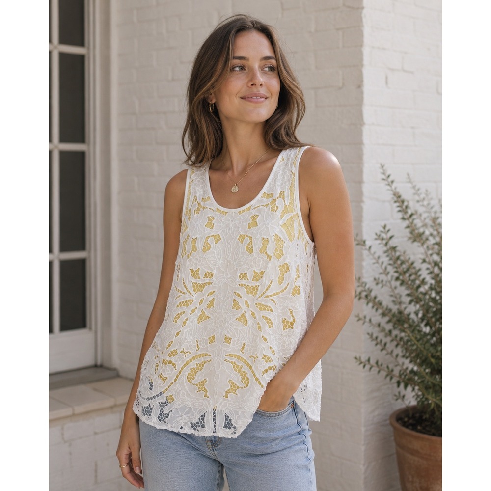 Akemi + Kin Anthropologie Lace Tank Top Yellow‎ White Festival Bohemian XS